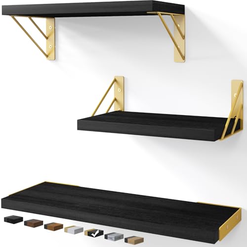 BAYKA Wall Shelves for Bedroom Decor, Floating Shelves for Living Room Kitchen Storage, Mounted Rustic Wood Floating Shelves for Kids Books, Corner Shelves for Bathroom, Office(Black Gold,Set of 3) - color: G. Black Board & Gold Brackets, size: 16-inch Mi