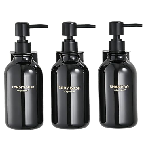 Shower Dispenser Wall Mounted Set of 3, Transparent Black | 16.9 oz Refillable Bottles, Black Pumps, No-Drill Installation, 27 Labels, For Bathrooms, Hotels and Airbnbs - color: Transparent Black Bottle + Black Pump