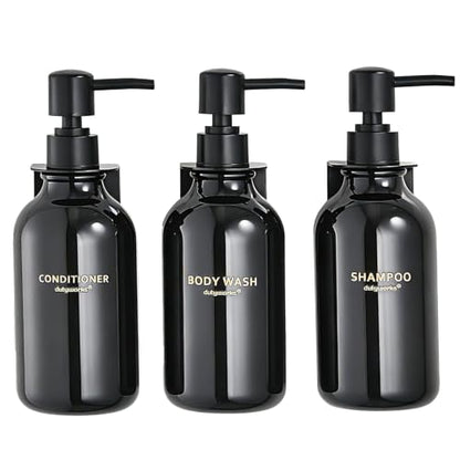 Shower Dispenser Wall Mounted Set of 3, Transparent Black | 16.9 oz Refillable Bottles, Black Pumps, No-Drill Installation, 27 Labels, For Bathrooms, Hotels and Airbnbs - color: Transparent Black Bottle + Black Pump