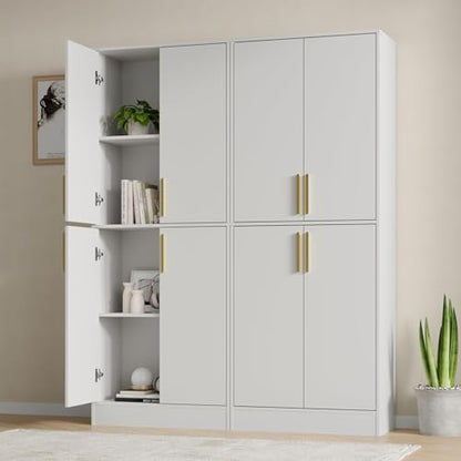 Housoul 71" Tall Pantry Cabinet with 4 Doors, Kitchen Pantry Storage Cabinet, Freestanding Larder Cupboard, Kitchen Hutch with Gold Handles for Dining Room, Bathroom, White - color: White