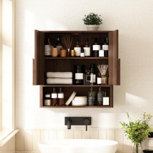 RUSTOWN Wall Mounted Bathroom Cabinets with Rounded Edges & Curved Handles | Adjustable Shelf, 3-Tier Over The Toilet Storage Cabinets, Modern Medicine Cabinet for Laundry Kitchen Living Room - color: Dark Walnut