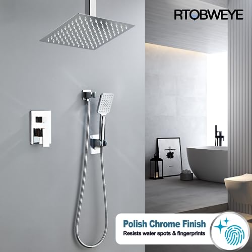 8 Inch Ceiling Mount Shower Faucet Set, Polish Chrome Rainfall Shower System, Square Rain Shower Head with Handheld Spray Combo Ceiling, Silver Rainfall Shower Faucet Fixtures (3-Setting) - color: Polish Chrome, style: 8 Inch-3 Setting