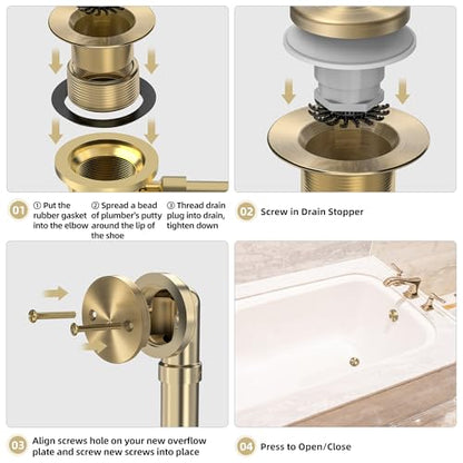 Tip-Toe Bathtub Drain Kit with Hair Catcher, Brushed Gold | 2-Hole Overflow Faceplate, Solid Brass, 5-Layer Plated, Fits 1.5"/1.75" Drains, For Bathroom Remodel, Matches Fixtures - color: Brushed Gold