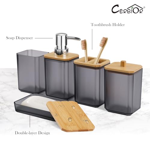 CERBIOR Bamboo Bathroom Accessories Set 7 Piece Bath Ensemble,Gray | Includes Soap Dispenser, Toothbrush Holder, Toothbrush Cup, Soap Dish for Decorative Countertop and Housewarming Gift - style: Matte Black