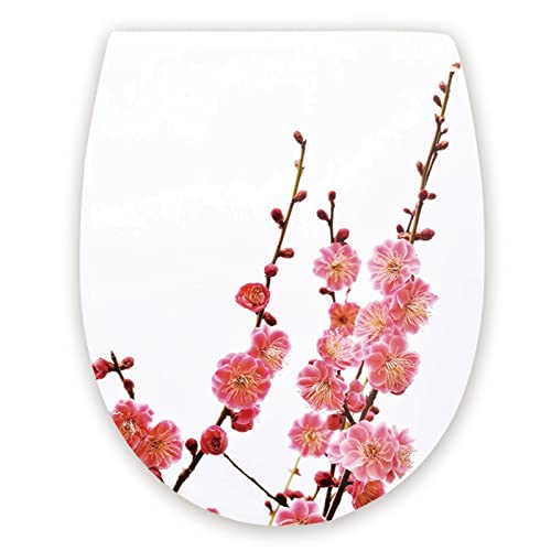 White Plastic Quick Release Toilet Seat - Oval Shape, Top Fixing with Adjustable Hinges, Easy Clean, Seagull and Starfish Design - One Size - color: Plum Blossom