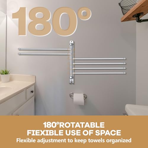 Teenyyou 20.4 Inches Swivel Towel Rack 304 Stainless Steel 6 Arms Bathroom Towel Rack Hanger Pool Holder Wall Mounted Swivel Bar Space Saving with Hook(Sliver) - color: Sliver, size: 20.4 Inches, style: 6 Arms