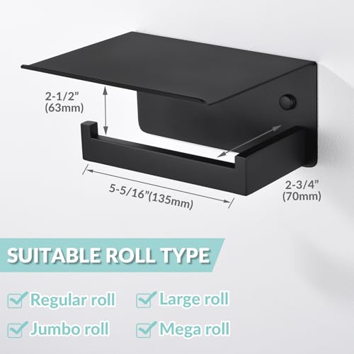 Matte Black Toilet Paper Holder with Shelf, Left Side, Wall Mounted | Robust 304 Stainless Steel, Modern Tissue Holder Fits for Bathroom, Restroom, Vanity, Kitchen, Paper Roll & Phone Storage - color: Matte Black