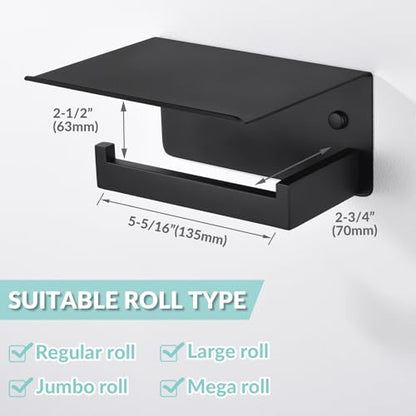 Matte Black Toilet Paper Holder with Shelf, Left Side, Wall Mounted | Robust 304 Stainless Steel, Modern Tissue Holder Fits for Bathroom, Restroom, Vanity, Kitchen, Paper Roll & Phone Storage - color: Matte Black