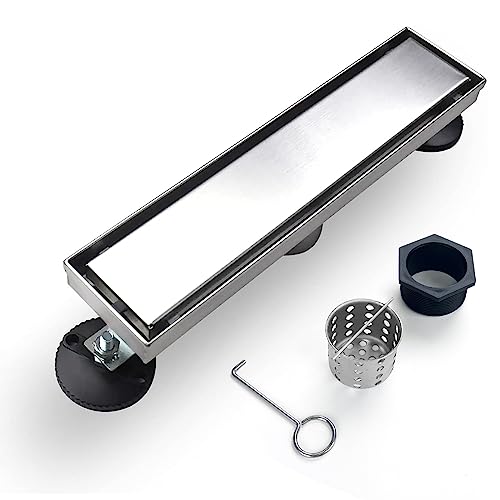 12"Linear Shower Drain Brushed Silver Drain with Tile Insert Grate | AISI 304 Stainless Steel Fast Drainage Rectangle Hidden Shower Trench,Detachable Hair Catcher Easy to install,Leveling Feet - color: Stainless Steel, size: 12 Inch (No Base)