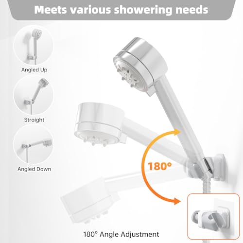 Adhesive Shower Head Holder for Bathroom, White | 180° Adjustable for Custom Angle, No-Drill Wall Mount, Fits Handheld & Standard Wands, for RV & Apartment