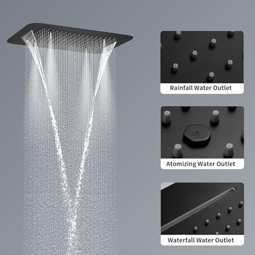 Matte Black Shower System Ceiling Shower Faucet Set with 6PCS Body Jets, 5-Function Thermostatic Shower valve,16 * 24 Inch Shower Head and Handheld Sprayer - color: Matte Black