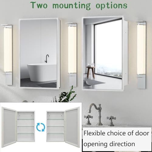 Plastic Medicine Cabinet with Mirror 16x26 inch, Recessed Medicine Cabinet or Surface Wall Mount Bathroom Cabinets with Adjustable Shelves, White Frame Mirror Cabinet - style: CS5003A-1626