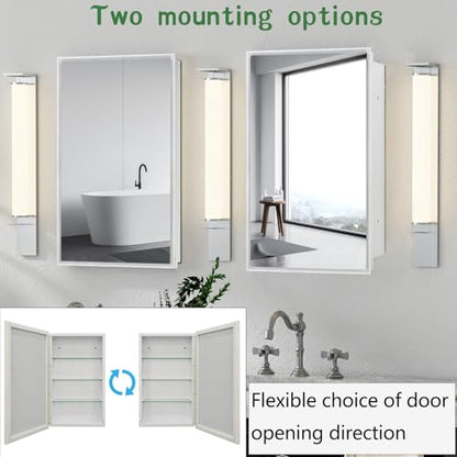 Plastic Medicine Cabinet with Mirror 16x26 inch, Recessed Medicine Cabinet or Surface Wall Mount Bathroom Cabinets with Adjustable Shelves, White Frame Mirror Cabinet - style: CS5003A-1626
