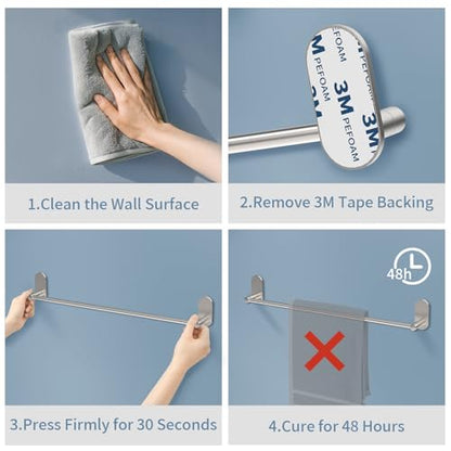 Self Adhesive Towel Bar for Bathroom 24ich Stainless Steel and Zinc Alloy No Drill Towel Rack Heavy Duty Hanger Stick On Hand Towel Holder for Kitchen, Cabinet, Door, Shower, Brushed Nickel - color: Brushed Nickel