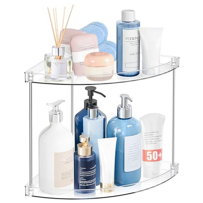 2 Tier Corner Bathroom Organizer, Clear Bathroom Counter Shelf for Vanity Countertop, Kitchen, Sink Storage, Tiered Skincare Organizer for Makeup, Perfume, Beauty Supplies (Triangular)