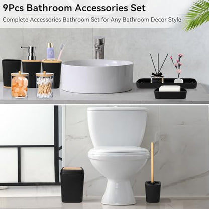 XLHOMO Bathroom Set Black Bathroom Trash Can, 9 Piece Bathroom Decor Toothbrush Holder, Cup, Lotion Dispenser, Tray, Soap Dish, Toilet Brush, Qtip Holder - size: Bath Set, style: Black