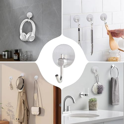 Adhesive Hooks - 4 Pack Towel Robe Coat Hooks Wall Hooks Stick Hooks Utensil Hooks Holder for Hoom Bathroom or Kitchen (Matte Silver, Stainless Steel)