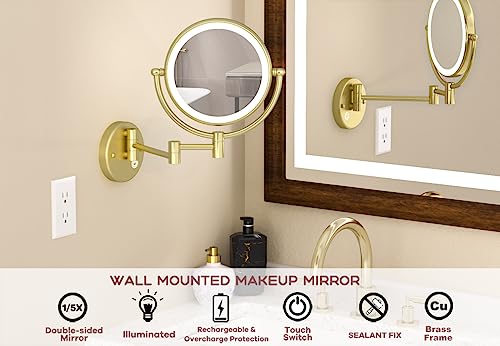 8 Inch Brass Rechargeable Lighted Wall Mounted Makeup Mirror Gold, 1X/5X Double Sided Vanity Mirror with Light and Magnification, 360 Swivel Extendable Shaving Mirror, Brushed Gold - color: Brushed Gold