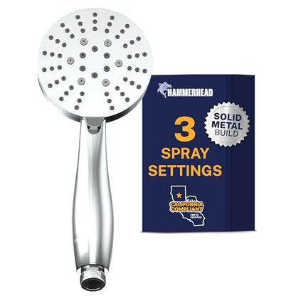 HammerHead Showers® Solid METAL 3-Spray Hand Held Shower Head, Chrome | Select from Wide, Massage, and Mist Sprays | 1.75 GPM Low Flow Handheld Showerhead | Made from 304 Stainless Steel - color: Chrome, size: 1.75 GPM