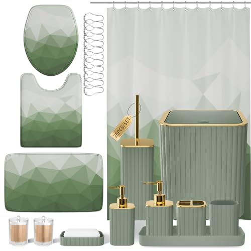 XLHOMO Bathroom Accessory Set - 26PC Bathroom Shower Curtain and Rug Set, Bathroom Accessories Set, Sage Green Bathroom Set with Trash Can, Toilet Brush, Qtip Holder & Soap Dispenser - style: Sage Green