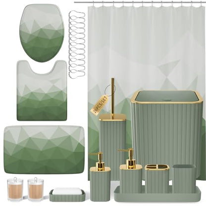 XLHOMO Bathroom Accessory Set - 26PC Bathroom Shower Curtain and Rug Set, Bathroom Accessories Set, Sage Green Bathroom Set with Trash Can, Toilet Brush, Qtip Holder & Soap Dispenser - style: Sage Green