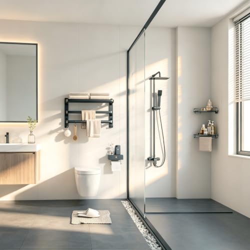 24 Inch Towel Rack for Bathroom, Wall Mounted Shelf with 2 Bars and 7 Hooks, Foldable Double Towel Rod, Space Saving Rustproof Storage Organizer for Bathroom, Hotel and Lavatory, Matte Black