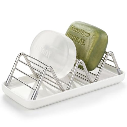 Stainless Steel Soap Dish Draining Soap Holder with Ceramic Tray, Silver | Reversible Design Fits 2-3 Bars, Rustproof, Easy to Clean, Space Saving, Non Slip, for Bathroom, Shower, Kitchen - color: Silver, size: 6.3" x 3.0"(with tray)