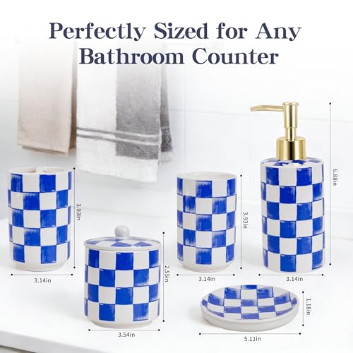 Ceramic Bathroom Soap Dispenser Set, Checkered Bathroom Vanity Set with Lotion Pump, Toothbrush Holder, Soap Dish & Storage Jar, Modern Bathroom Sink Accessories (Blue) - style: Blue