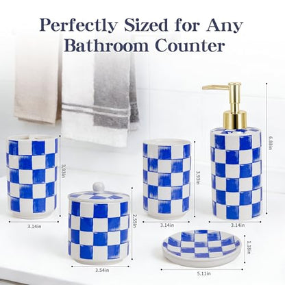Ceramic Bathroom Soap Dispenser Set, Checkered Bathroom Vanity Set with Lotion Pump, Toothbrush Holder, Soap Dish & Storage Jar, Modern Bathroom Sink Accessories (Blue) - style: Blue