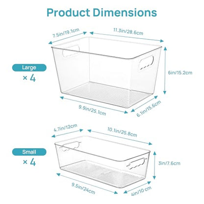 Vtopmart 8 Pack Clear Storage Bins Set for Pantry Organizer | 4 Large and 4 Small Plastic Pantry Storage Bins with Handle, Storage Containers for Pantry, Kitchen, Fridge, Cabinet - size: Set B