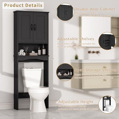 ROOMTEC Over The Toilet Storage Cabinet with Adjustable Shelf and Double Doors, Freestanding Bathroom Cabinet Organizer with Open Shelf, Home Space-Saving Toilet Rack for Restroom, Laundry, Black