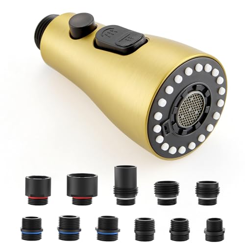 J-HVA Pull Down Kitchen Faucet Sprayer Head Replacement, Brushed Gold | 3 Function Pull Out Sink Sprayer Replacement Nozzle Part, Kitchen Faucet Head Hose Spray Tap Spout, 15 adapters - color: Brushed Gold
