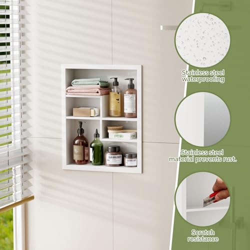14x18 Medicine Cabinet Recessed Stainless Steel, with 4 Compartments Medicine Cabinet Organizer, Stainless Steel Wall Niche, Bathroom Wall Cabinet, Recessed Bathroom Cabinet, White - color: White, size: New Design 2-Tier