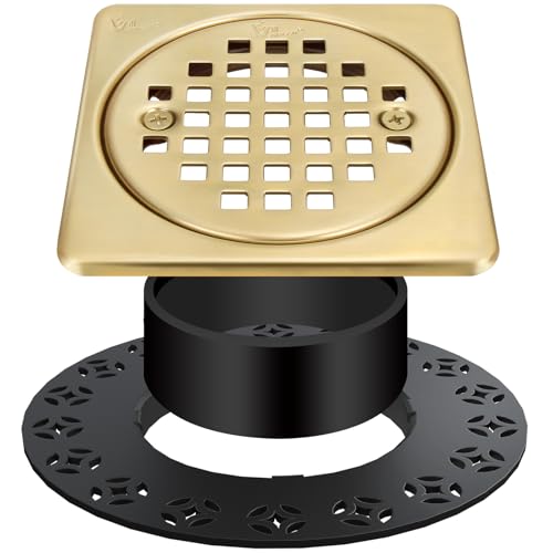 4” Shower Floor Drain Grate Kit, Fits Schluter Kerdi-Drain Flange | Removable Square Shower Drain, With Adjustable Collar, SUS 304 Stainless Steel Grate, For Bathroom Kitchen, Brushed Brass - color: Brushed Brass, size: 4 Inch Kit without Flange