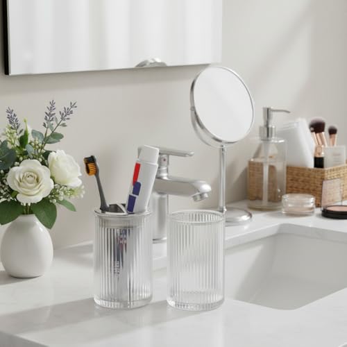 Clear Toothbrush Holders for Bathrooms, 2pcs Glass Toothbrush Holder and 12oz Bathroom Tumbler Cup Set, Silver Tooth Brush and Toothpaste Organizer for Bathroom Vanity Countertop - color: Clear Silver