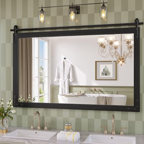 Farmhouse Bathroom Mirror, 55"x36" Black Rustic Bathroom Mirrors | HD glass, solid wooded framed, rectangle, explosion-proof, barn door style, anti-rust, for bathroom/bedroom/entryway - color: Black, size: 55"L x 36"W