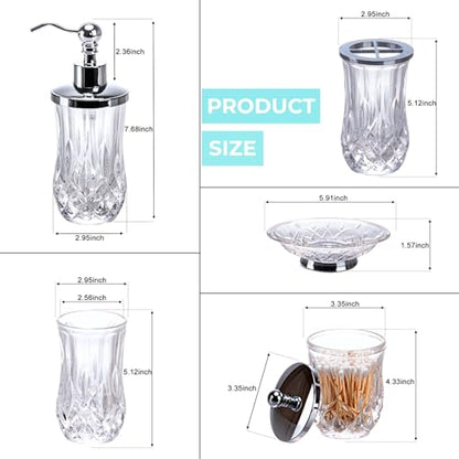Clear Bathroom Accessories, Round Thick Glass & Metal Pump | Beautiful & weight, 5 pcs soap dispenser, toothbrush holder, soap dish, tumbler & jar, for mission/amish style - style: Round(Clear)