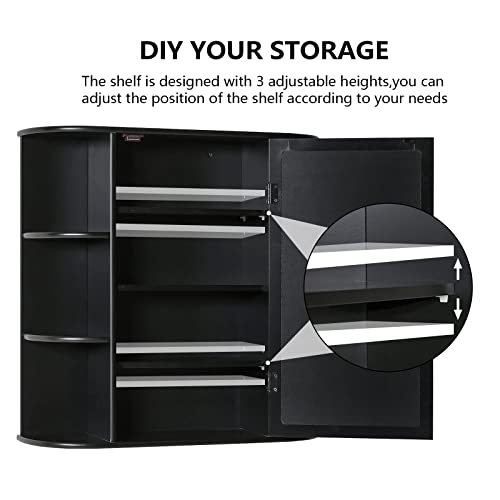 Iwell Bathroom Medicine Cabinet with Mirror, Wall Cabinet with 2 Adjustable Shelves & 6 Open Shelves, Bathroom Cabinet Wall Mounted, Over The Toilet Space Saver Storage Cabinet, Black - color: Black With Mirror