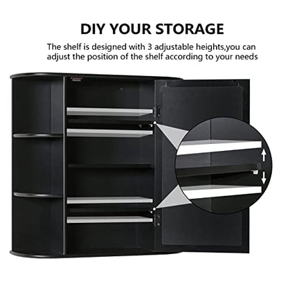 Iwell Bathroom Medicine Cabinet with Mirror, Wall Cabinet with 2 Adjustable Shelves & 6 Open Shelves, Bathroom Cabinet Wall Mounted, Over The Toilet Space Saver Storage Cabinet, Black - color: Black With Mirror