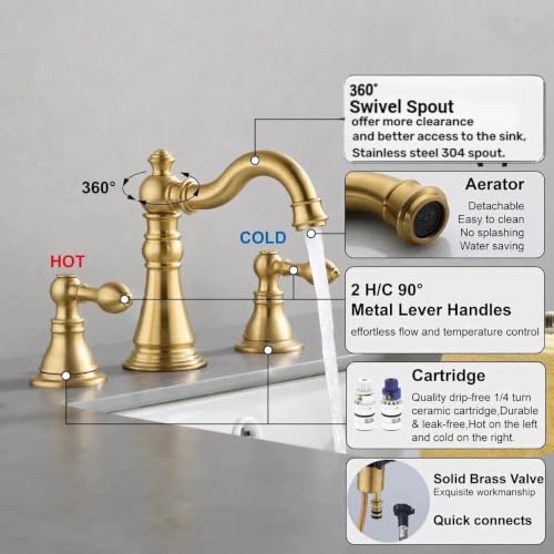 Brushed Gold 2-Handle 8 Inch Widespread Bathroom Faucet, 3 Holes | Derengge Traditional Widespread Sink Faucet, With Pop-Up Drain 360° Swivel Stainless Steel Spout, F-8805-BG - color: Brushed Gold