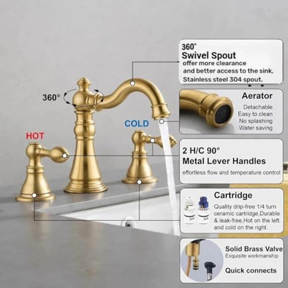 Brushed Gold 2-Handle 8 Inch Widespread Bathroom Faucet, 3 Holes | Derengge Traditional Widespread Sink Faucet, With Pop-Up Drain 360° Swivel Stainless Steel Spout, F-8805-BG - color: Brushed Gold
