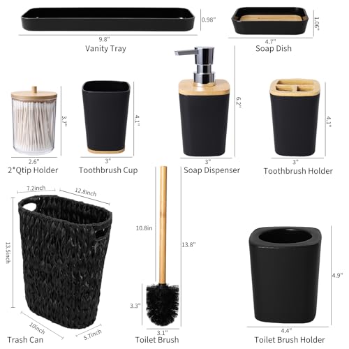 XLHOMO Black Bathroom Accessories Set with Wicker Trash Can, Black Bathroom Accessories Set Bathroom Sets Small Waste Basket Bathroom Trash Can for Bedroom Bathroom - size: Wicker Bathroom Set, style: Black