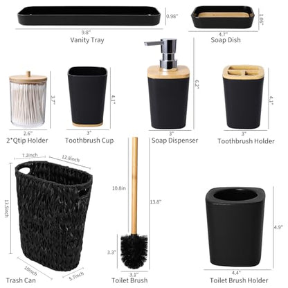XLHOMO Black Bathroom Accessories Set with Wicker Trash Can, Black Bathroom Accessories Set Bathroom Sets Small Waste Basket Bathroom Trash Can for Bedroom Bathroom - size: Wicker Bathroom Set, style: Black