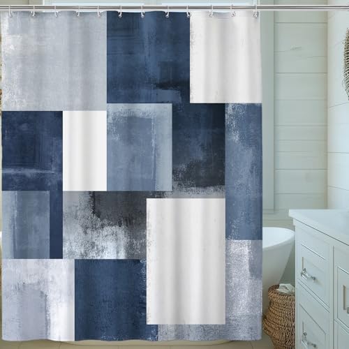 Navy Blue Black Shower Curtain, Modern Geometry Plaid Check Shower Curtains for Bathroom, Ombre Abstract Waterproof Polyester Fabric Shower Curtain Set with Hooks, Standard Size 72 x 72 inches - color: Blue Black
