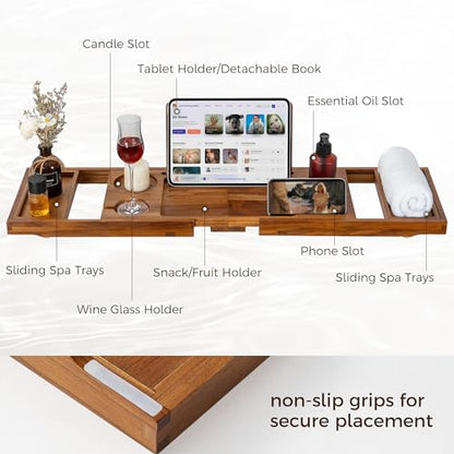 Teak Bathtub Tray for Tub, Expandable Bath Tray 28–40in, Foldable Bathtub Caddy with Wine Glass Holder, Phone & Book Stand, Wooden Bath Tray Organizer, Luxury Bathroom Accessories Gift - Light Walnut - color: Light Walnut - Solid Teak Wood