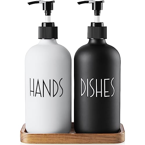 ALELION Glass Dish Soap Dispenser for Kitchen - 16 OZ Hand Soap Dispenser Set with Pump and Acacia Wood Tray - Black White Modern Farmhouse Kitchen Bathroom Decor and Accessories - color: Black and White