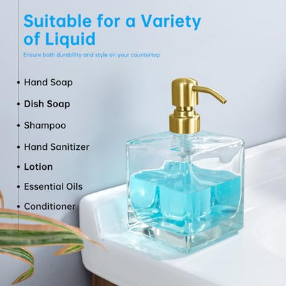 Square Soap Dispenser Brushed Gold Pump, 16.9 oz | Glass Bottle, Stainless Steel Pump, Cube, Large Capacity, Liquid Hand Soap Dispenser Bathroom Kitchen - color: Gold-16.9 Oz
