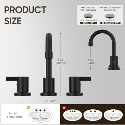 8 Inch 3-Hole Matte Black Widespread Bathroom Sink Faucet with Valve and Metal Pop-Up Drain Assembly, 2-Handle Low-Arch Bathroom Faucets Three Hole, WF15-1-MB