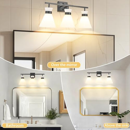 Matte Black Bathroom Vanity Lights, 3-Light Bathroom Light fixtures Over Mirror, Modern Vanity Lighting Fixtures with Frosted Glass Shades E26 Base,Wall Mount Scones for Mirror (Bulbs Not Included) - color: Black