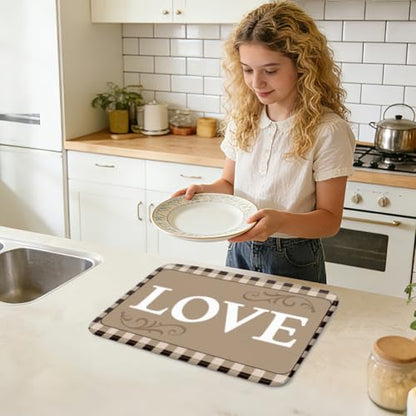 Plaid Dish Drying Mat for Kitchen Brown Checkered Dish Drainer Mats Absorbent Microfiber Love Text Dishes Drying Pad 18x24 Inches Washable for Countertop Coffee Bar Refrigerator - style: Love